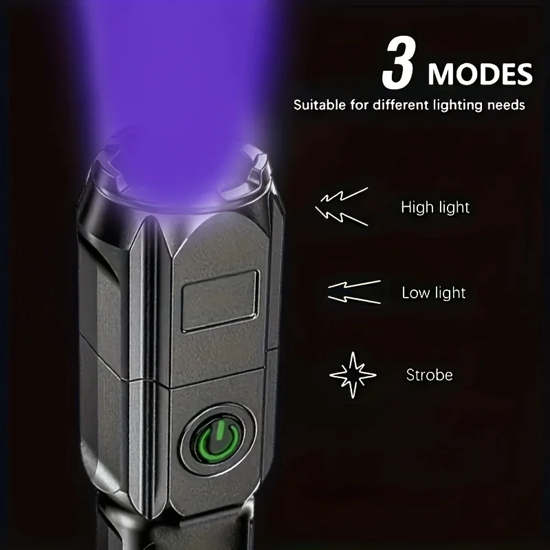 Linterna UV portátil UV395NM, antorcha ABS con zoom, 3 modos, linterna ultravioleta para acampada, detección fluorescente de pilas de mascotas