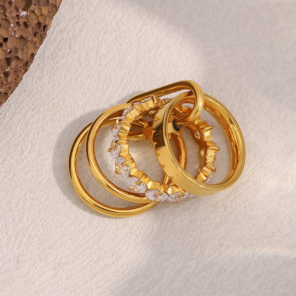 E.B.belle, anillos de circón de lujo de capas múltiples no fijas, chapado en oro de 18 quilates, joyería de dedo de boda para fiesta de moda de acero inoxidable