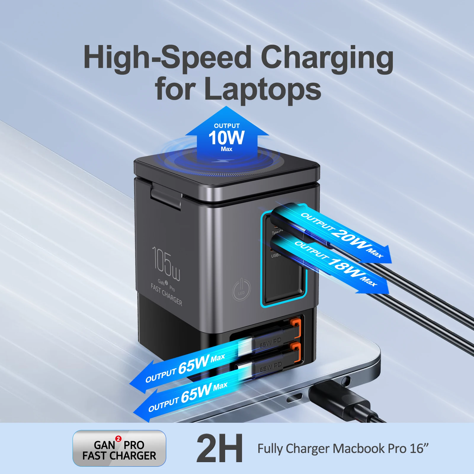 Estación de carga 6 en 1 con cable USB-C retráctil Torre combinada de alimentación 105W para múltiples dispositivos Cargador rápido para iPhone Airpod