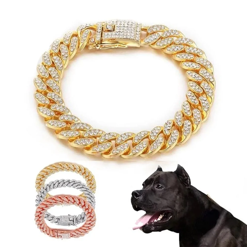Collar de cadena para perro con diamantes de imitación, Collar de cadena de Metal de lujo de acero inoxidable, Collar de cadena para cachorro y gato, joyería para perro