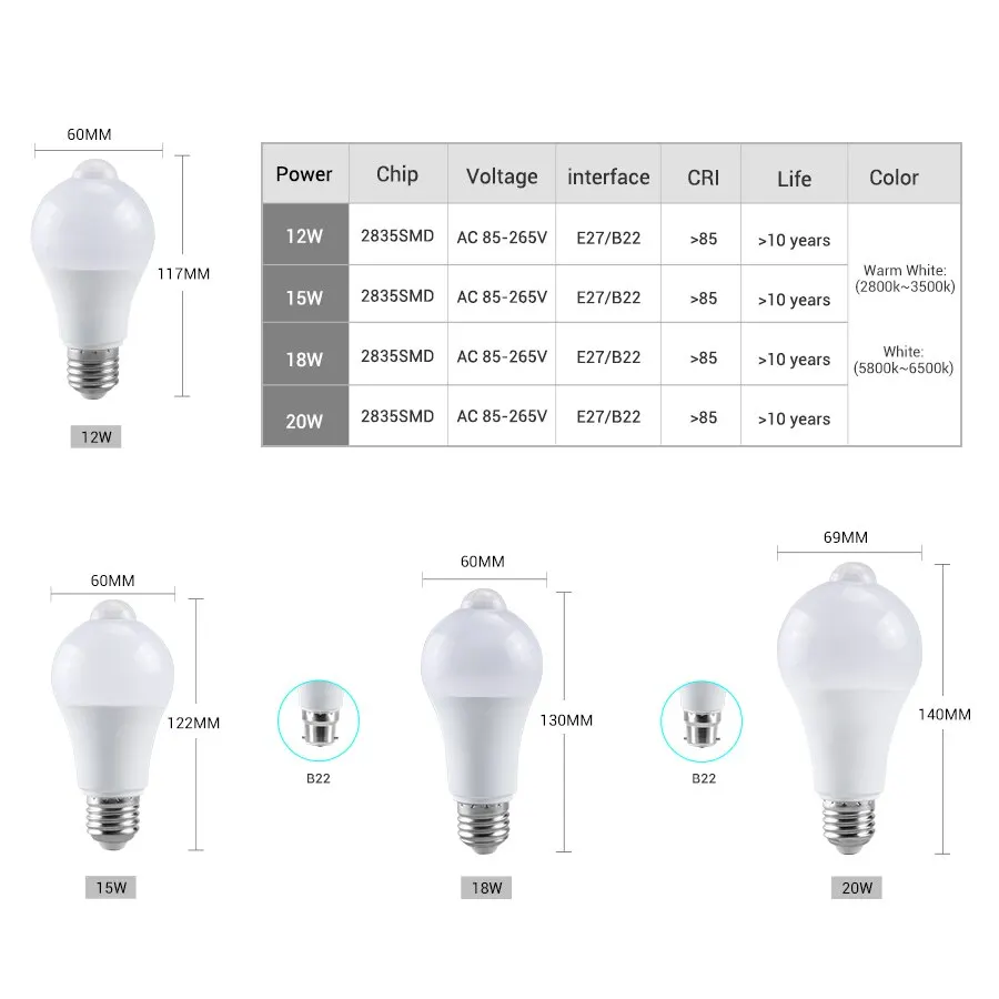 Bombilla LED con Sensor de movimiento E27, lámpara LED con Sensor PIR B22, luz nocturna de encendido/apagado automático para porche, escaleras, luces de seguridad para garaje