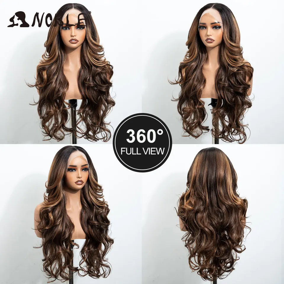 Peluca sintética de 28 pulgadas con ondas corporales, color marrón, con encaje frontal 13x4, parte media, resistente al calor, para mujeres, uso diario y fiestas.