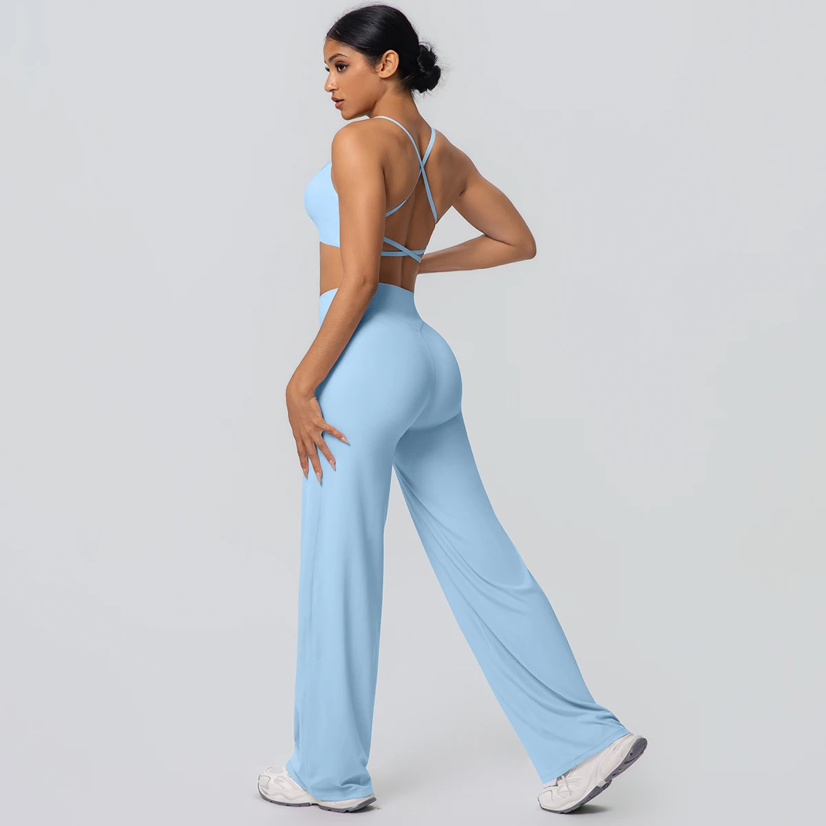 Traje de Yoga deportivo para gimnasio para mujer, ropa interior Sexy de espalda bonita con almohadilla para el pecho, pantalones de pierna ancha de cintura alta de Color sólido, conjunto de Yoga