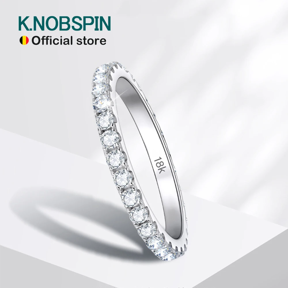KNOBSPIN-Anillo de moissanita para mujer, de Ley 925 Sortija de plata, oro blanco sólido de 18k, banda Eternity, anillos de compromiso de boda, 2mm, Color D