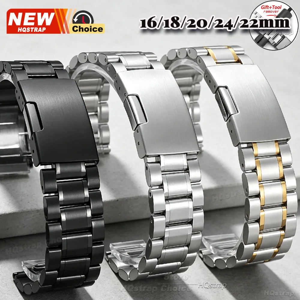 Nueva Correa de Reloj de Acero Inoxidable Sólido de Cinco Eslabones de 16mm 18mm 20mm 22mm 24mm para Seiko, Brazalete para Rolex con Hebilla Plegable