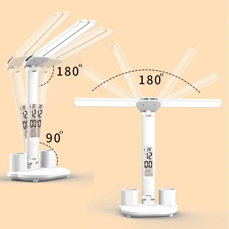 Lámpara de escritorio LED, lámpara de mesa plegable táctil regulable por USB con calendario, reloj de temperatura, luz nocturna para estudio, lámpara de lectura