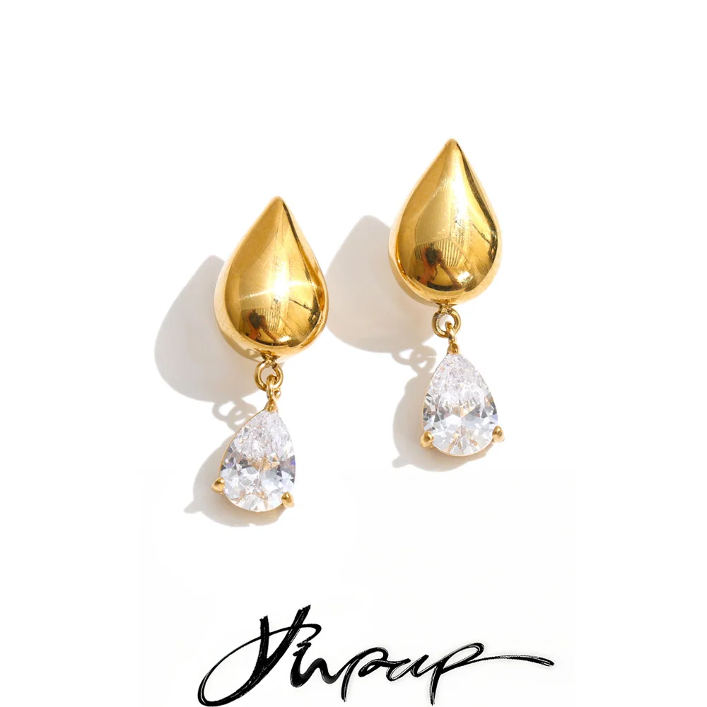 Yhpup Pendientes colgantes de acero inoxidable con circonita en forma de gota de agua, impermeables, chapados en PVD de 16K, joyería de alta calidad para mujer