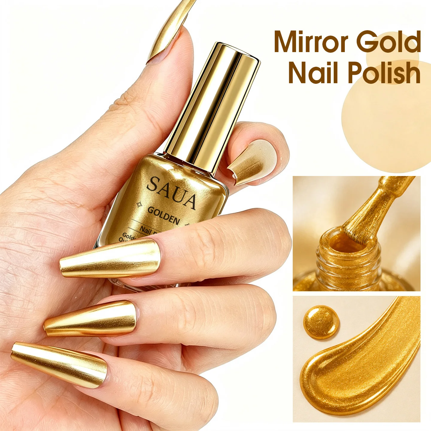 Esmalte de uñas metálico dorado de 10 ml – Secado rápido, no requiere lámpara; proporciona un acabado metálico duradero y natural con efecto espejo.