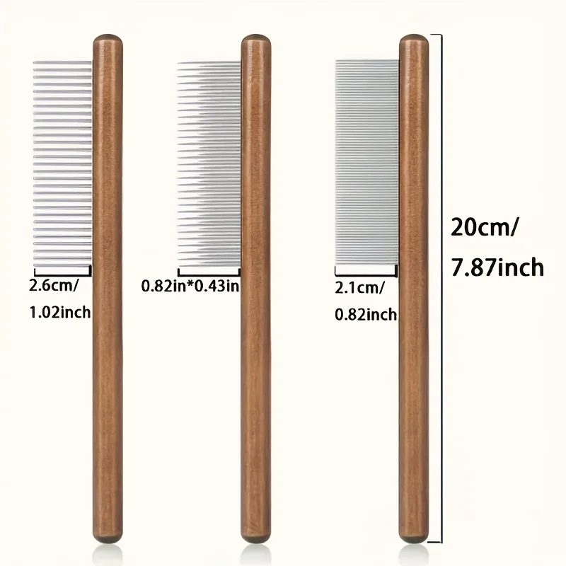 Peine para el cuidado de mascotas para gatos y perros, 3 piezas/1 pieza, dientes de acero inoxidable, mango de madera, adecuado para cabello largo y corto, herramienta duradera para el cuidado de mascotas