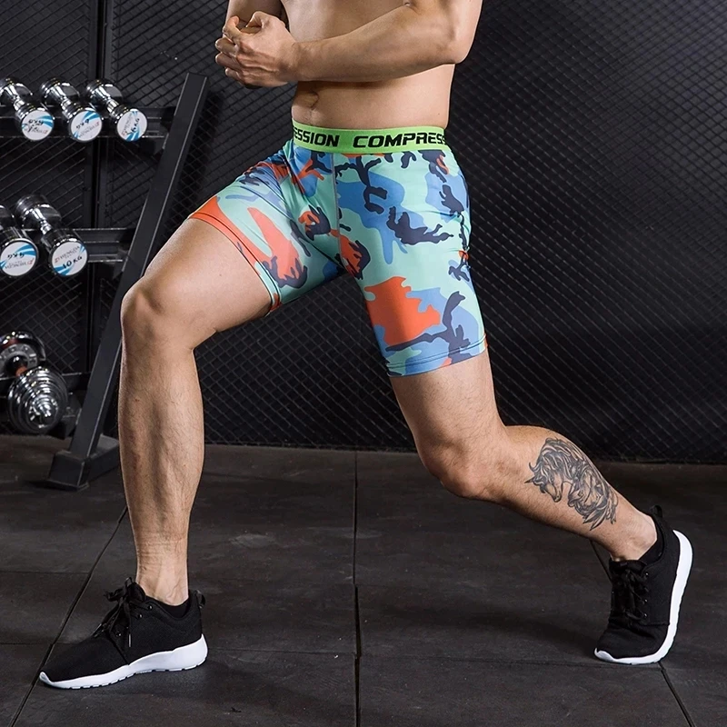 Pantalones cortos de compresión para hombre, medias de culturismo de camuflaje con estampado 3D, pantalones cortos de gimnasio para hombre, pantalones cortos elásticos deportivos musculares para correr