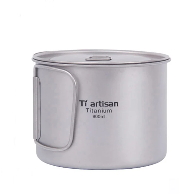 Tiartisan-taza de titanio para acampar, vajilla portátil con tapa, mango plegable, utensilios de cocina para Picnic al aire libre, Ta8316, 900ml
