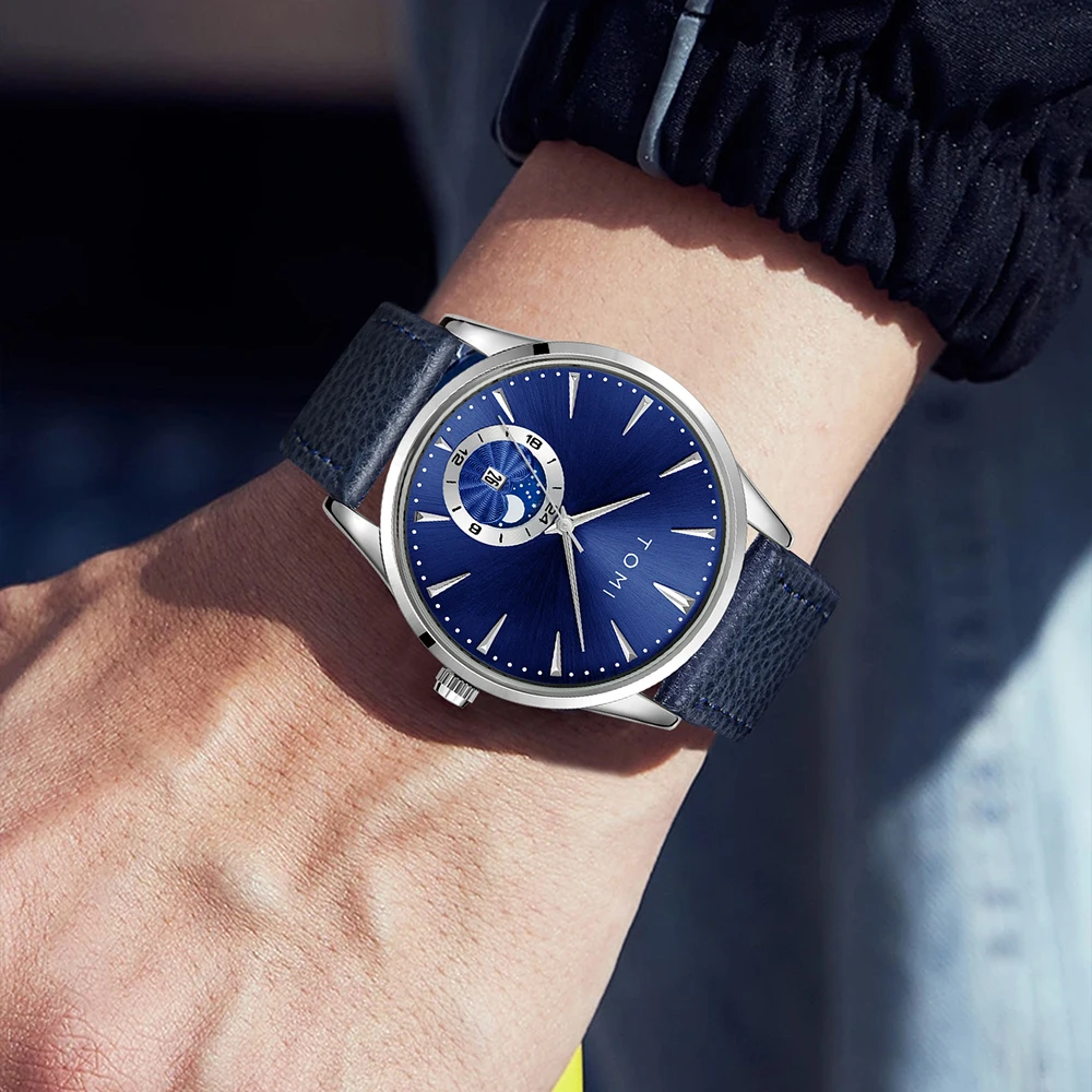 Reloj TOMI con correa de cuero de lujo para hombre, reloj de cuarzo con calendario de Esfera Grande para negocios y ocio, reloj Masculino
