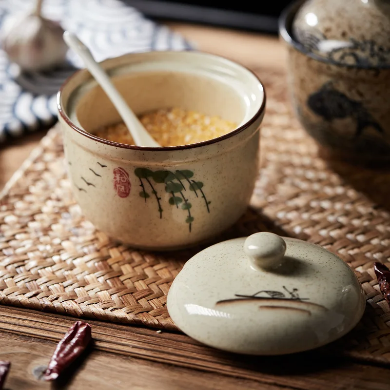 Tarro de cerámica para condimentos con tapa y cuchara, tarros de especias de cocina para sal, azúcar, pimienta y té, caja de almacenamiento de condimentos de estilo japonés, 1 Uds.