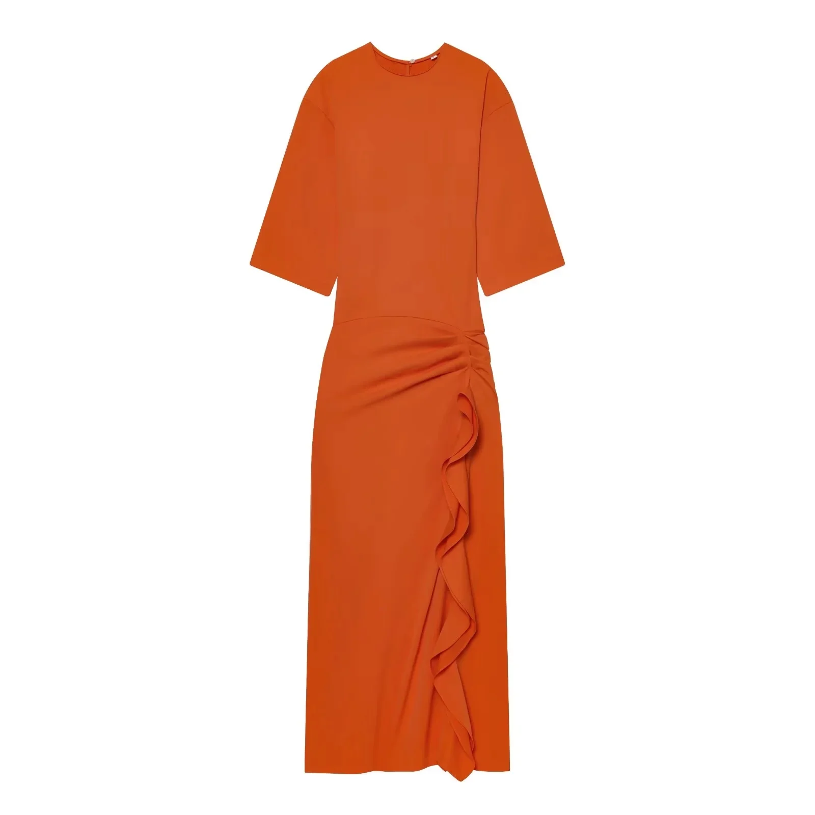 Vestido Midi BSAY 2026 para Mujer, Color Sólido, Cuello Redondo, Manga Media, Corte Ajustado, Volantes Laterales, Abertura Lateral, Elegante, Formal, para el Trabajo