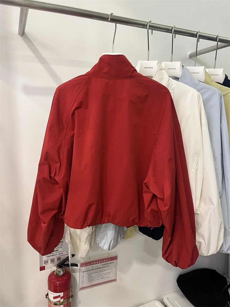 2025 nueva chaqueta informal roja con cuello levantado para mujer en primavera y otoño chaqueta corta y fina informal holgada