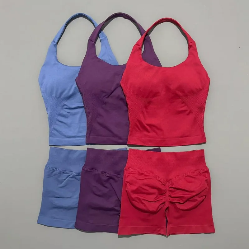 Conjunto de 2 piezas de pantalones cortos de yoga para mujer, top halter sin espalda, pantalones cortos sin costuras de cintura alta, traje de gimnasio, ropa deportiva, conjuntos de entrenamiento