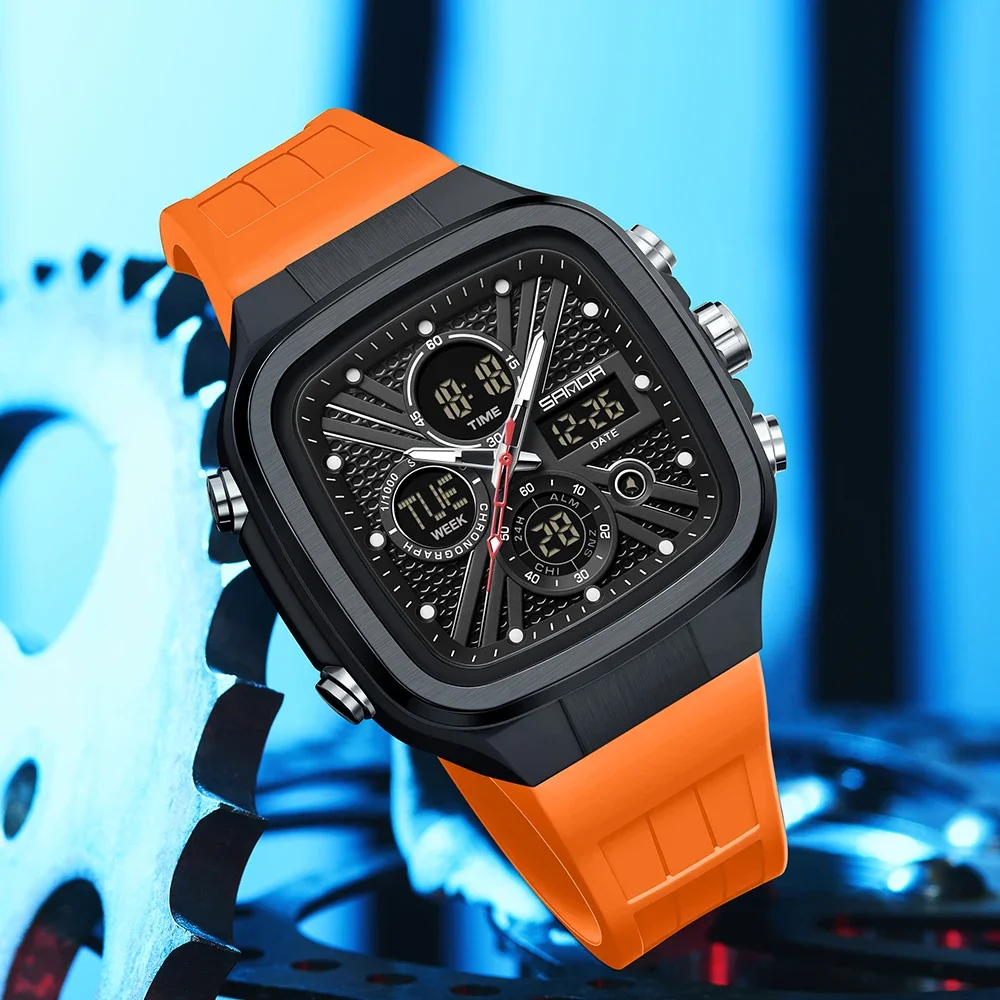 Relojes SANDA de moda para hombre, relojes deportivos cuadrados, relojes digitales con doble hora, relojes de pulsera electrónicos impermeables hasta 50m para hombre