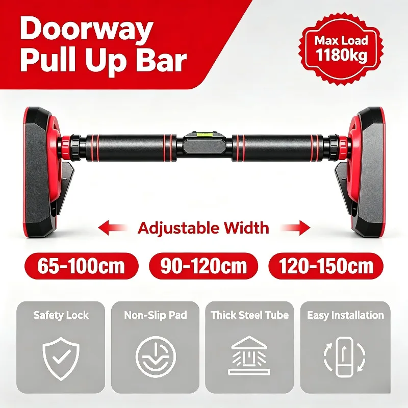 Barra de dominadas sin taladro para puerta, diseño deslizante, ancho ajustable, para fitness en casa, entrenamiento de fuerza.