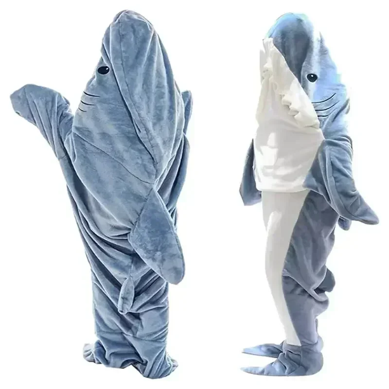 Manta de tiburón de dibujos animados con capucha para mujer, mono Kigurumi para niños y padres, franela cálida con capucha, ropa de casa divertida, mono de tiburón, saco de dormir