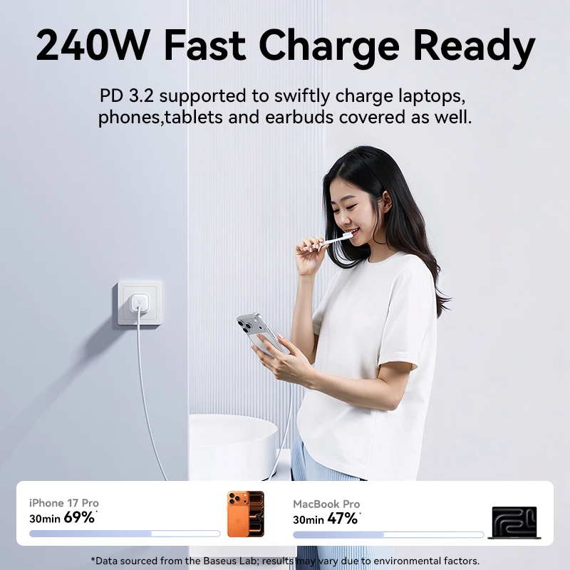 Cable Baseus de 240W tipo C Cable de datos de carga rápida USB-C a USB-C grafeno PD QC rápido para MacBook Pro para iPhone 17 16 Samsung