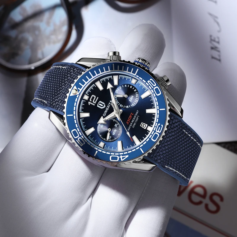 Reloj de cuarzo multifuncional de lujo de marca QINGXIYA, correa de silicona para hombre, relojes cronógrafo luminosos resistentes al agua, reloj deportivo para hombre
