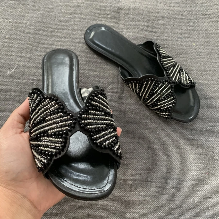 Sandalias Planas de Verano de Lujo para Mujer, Sandalias de Diseñador con Imitación de Perlas, Cómodas y Ligeras, Zapatos Casuales de Playa para Mujer
