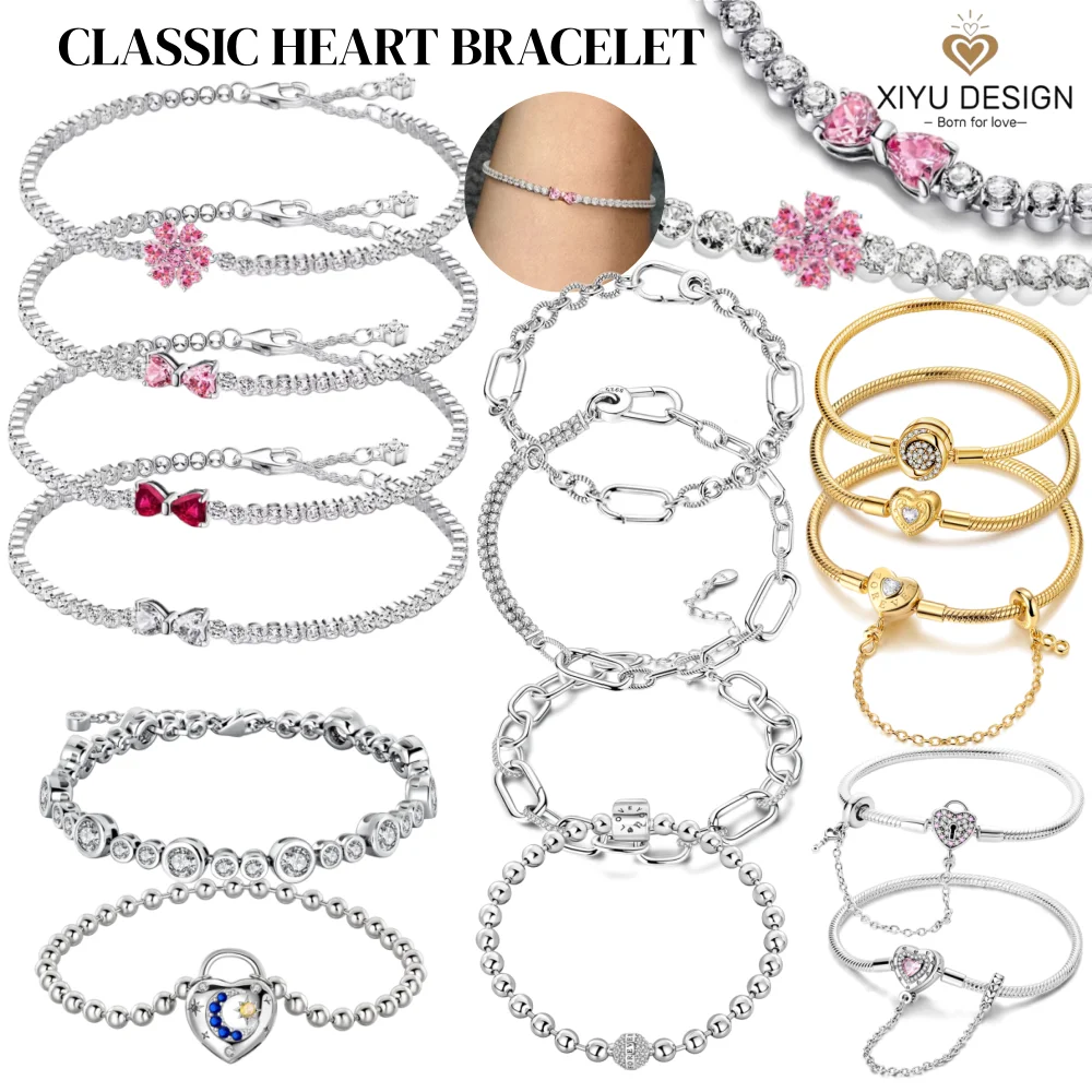 2026 San Valentín Nueva Pulsera de Plata 925 con Lazo Rosa y Diamantes Completos Original 17-20CM Compatible con Charms DIY Regalos de Joyería para Mujer en Cumpleaños