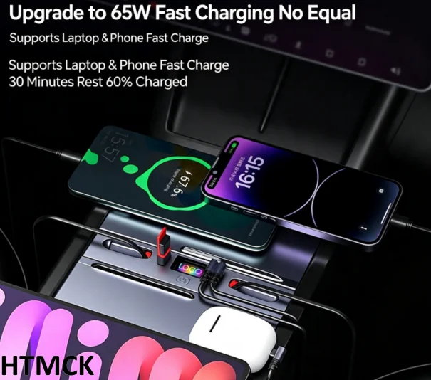 Cargador de coche multi-puerto, adaptador de corriente con cable retráctil de carga rápida de 45W tipo C dual, compatible con Tesla Model 3 Y, coche.