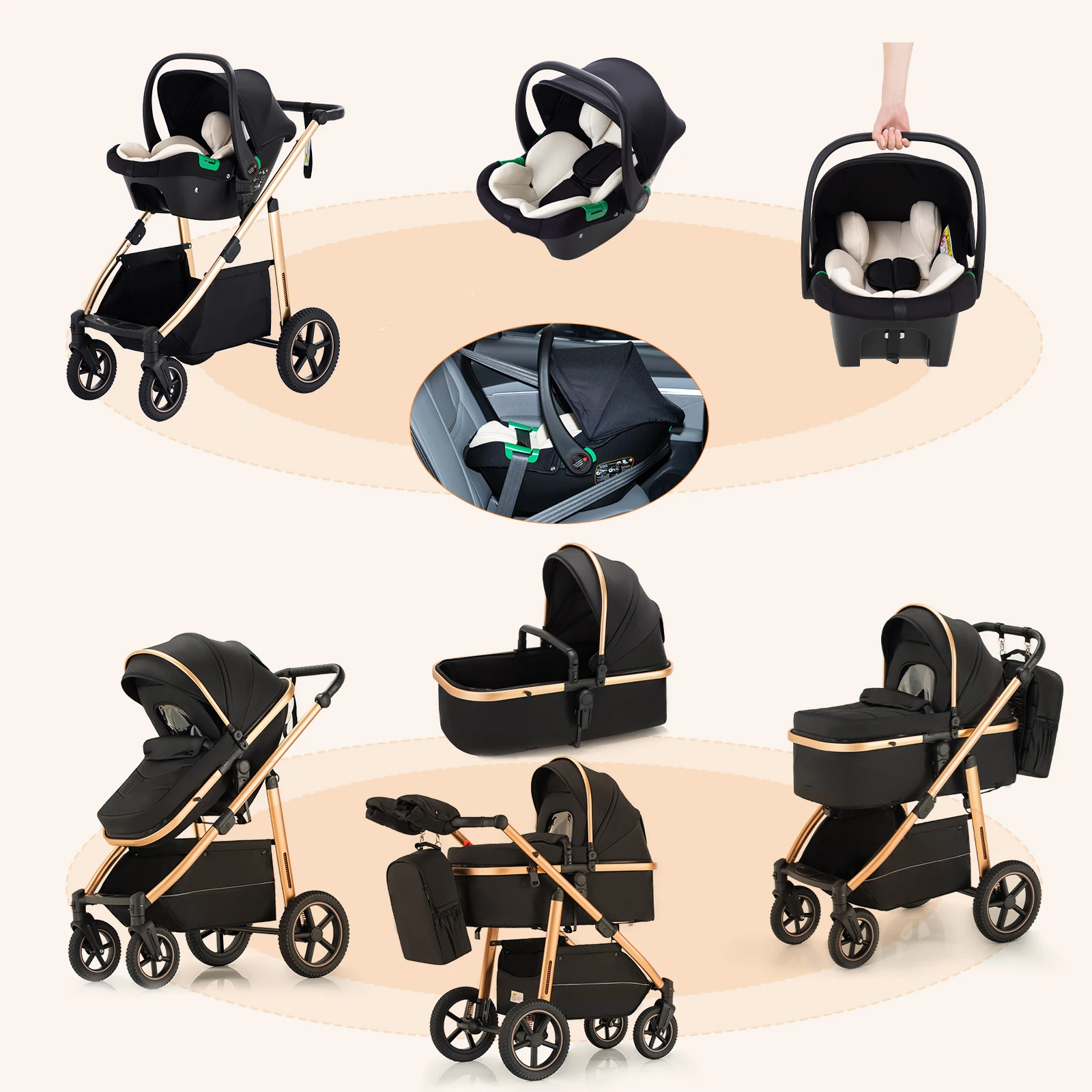 Cochecito de Bebé 3 en 1 de Lujo, con Marco de Aluminio, Plegable, Multifuncional, con Asiento Reclinable para Recién Nacidos