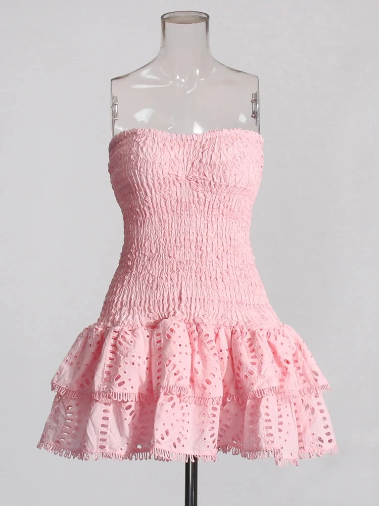 TWOTWINSTYLE, vestidos informales con pliegues de retales para mujer, sin tirantes, sin mangas, cintura alta, vestido elegante adelgazante calado para mujer