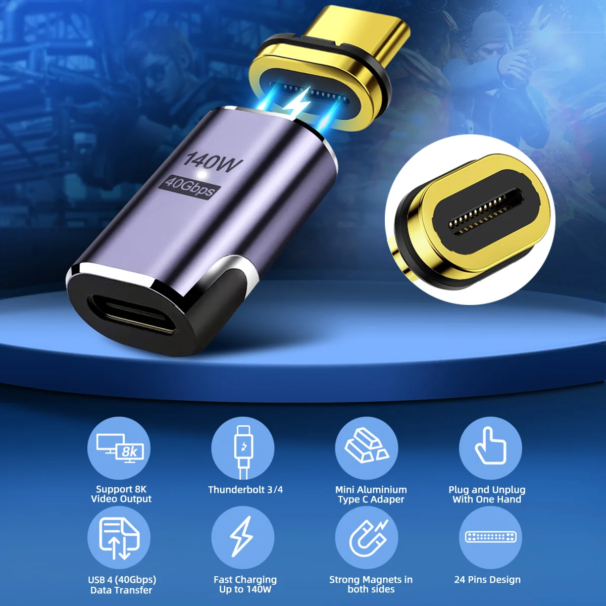 140W USB4.0 40Gbps Thunderbolt3 magnético tipo C OTG USB C a USB-C Cable convertidor magnético de carga rápida 8K @ 60Hz adaptador USB tipo C