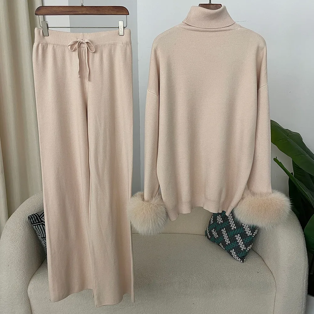 2024 nueva moda Otoño Invierno Natural piel de zorro Real puños abrigo tejido suéter mujeres pantalones largos conjunto chaqueta gruesa cálida
