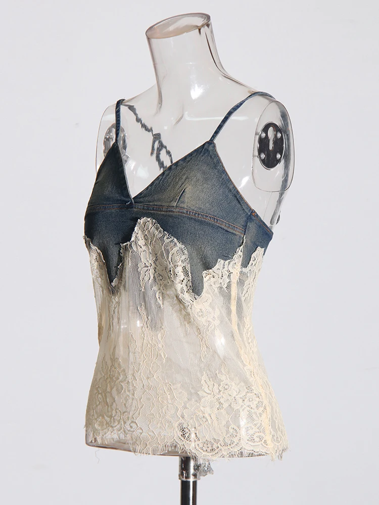 TWOTWINSTYLE-Conjunto de dos piezas de encaje de retazos para mujer, Tops sin mangas con cuello en V, pantalones sueltos de cintura alta, conjuntos de mezclilla adelgazante, nuevo