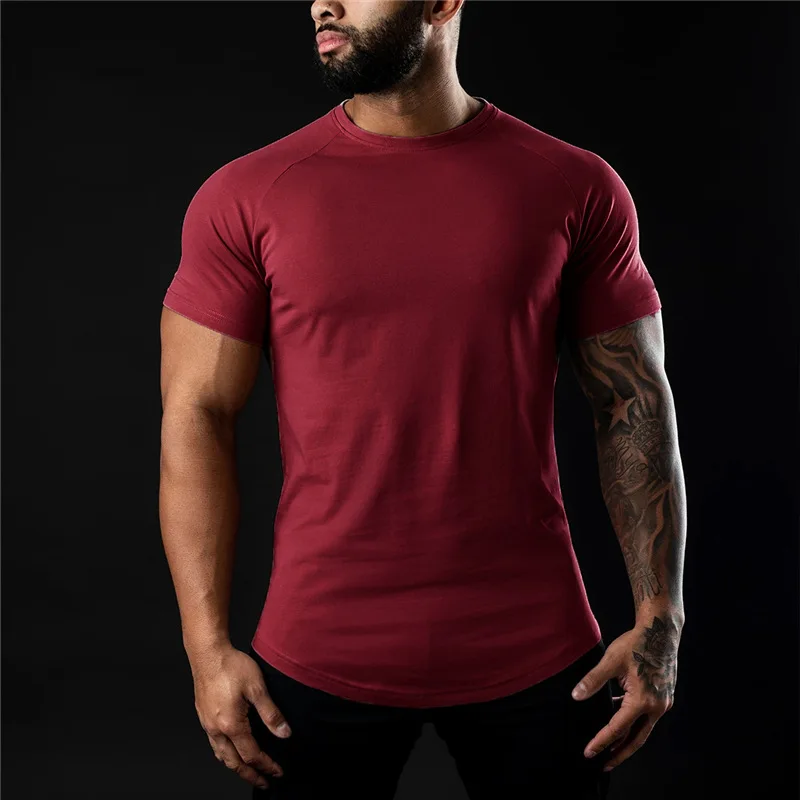Camiseta lisa de gimnasio para hombre, ropa deportiva de verano, camiseta de manga corta con cuello redondo, camiseta ajustada de algodón, camisetas de entrenamiento para culturismo