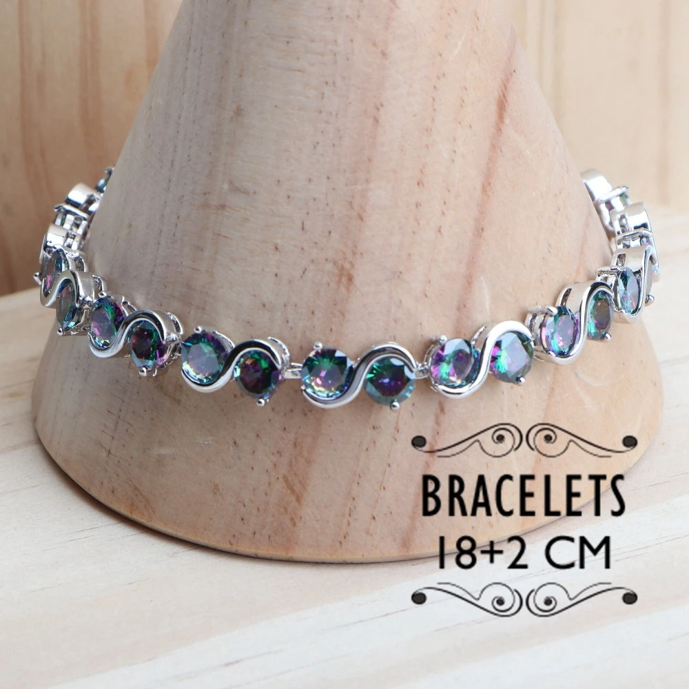 Conjuntos de joyería de plata de ley 925 para mujer, pendientes de circón de arcoíris mágicos naturales, anillo, pulseras, colgante, conjunto de collar de boda