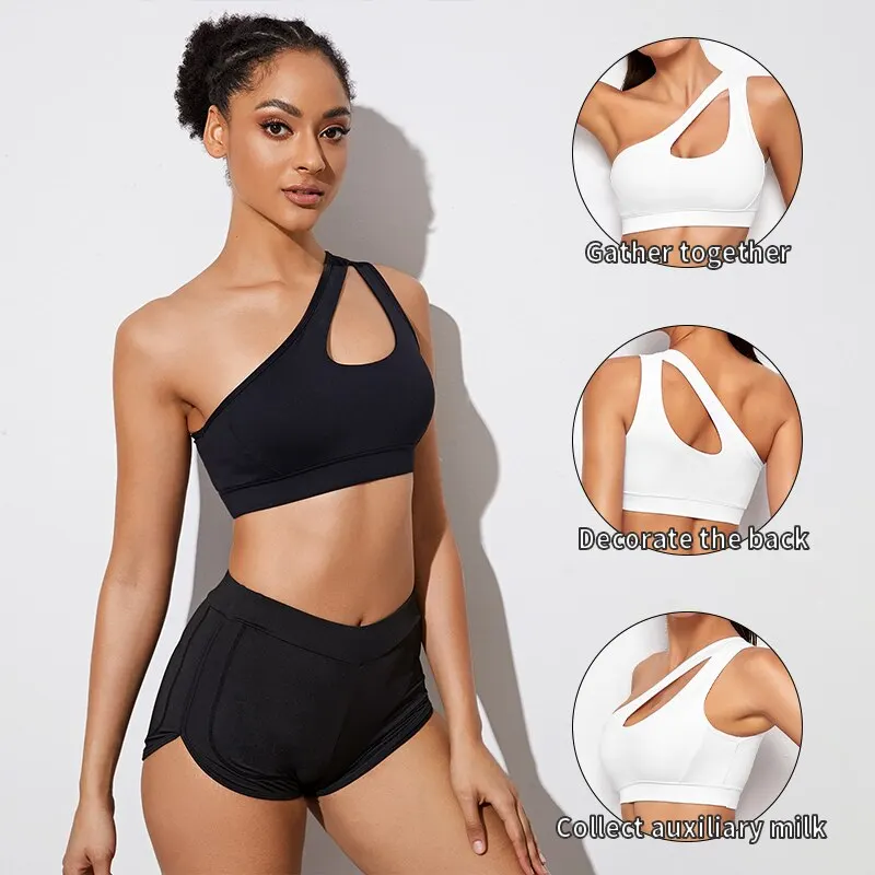 Sujetador deportivo para mujer, sujetadores de realce para Fitness, sujetador de Yoga a prueba de golpes con un hombro, sujetador para correr y Yoga blanco y negro, chaleco Sexy
