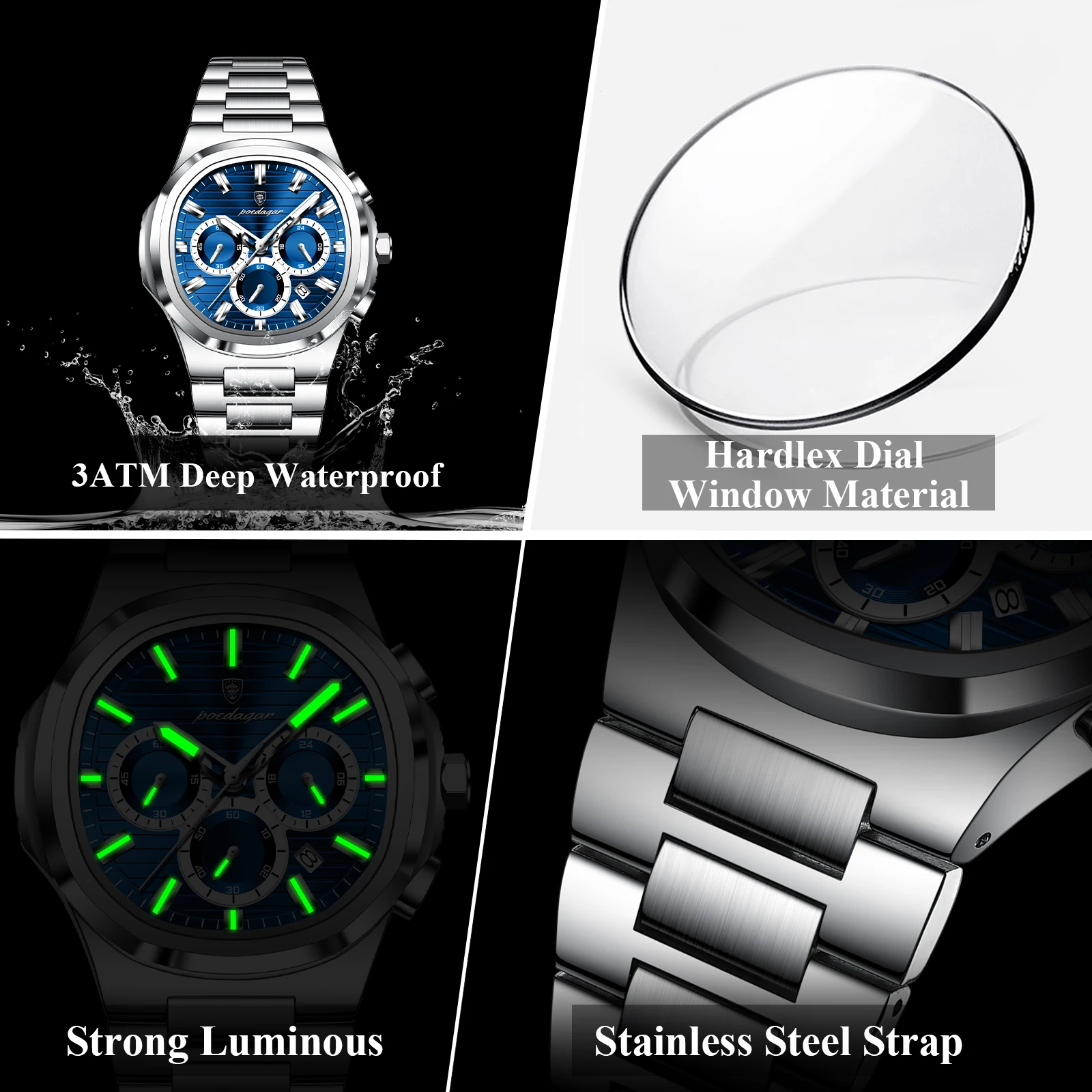 Reloj de pulsera POEDAGAR para hombre de negocios, de acero inoxidable, resistente al agua, luminoso, con fecha, cronógrafo, de cuarzo, moderno.