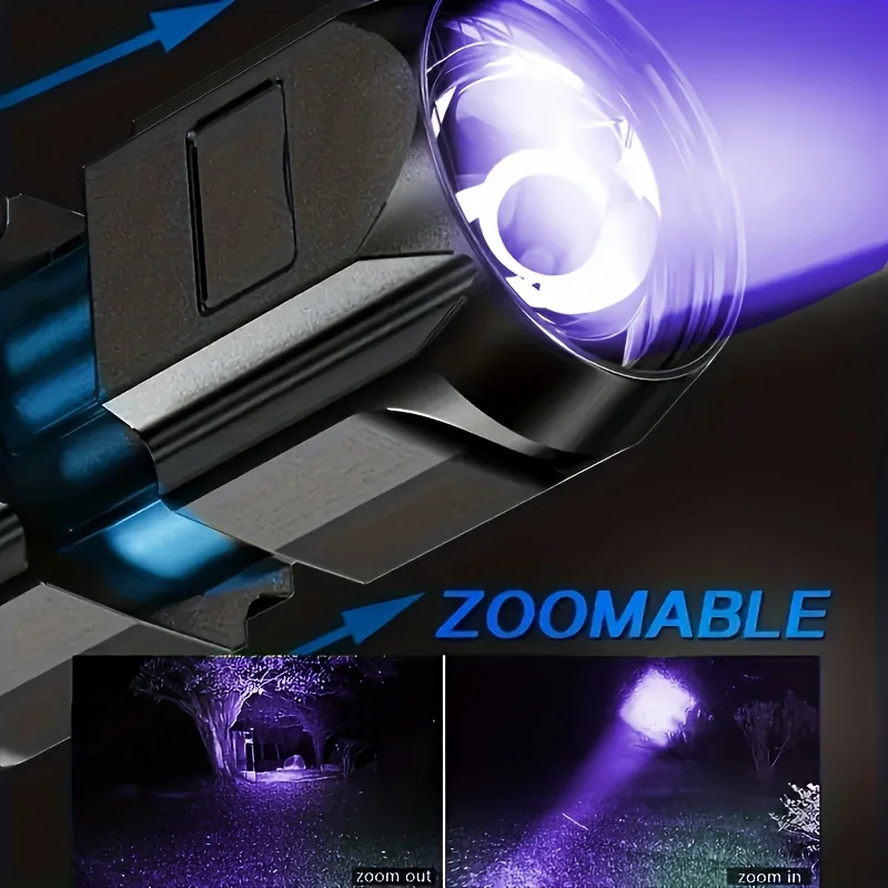 Linterna UV portátil UV395NM, antorcha ABS con zoom, 3 modos, linterna ultravioleta para acampada, detección fluorescente de pilas de mascotas