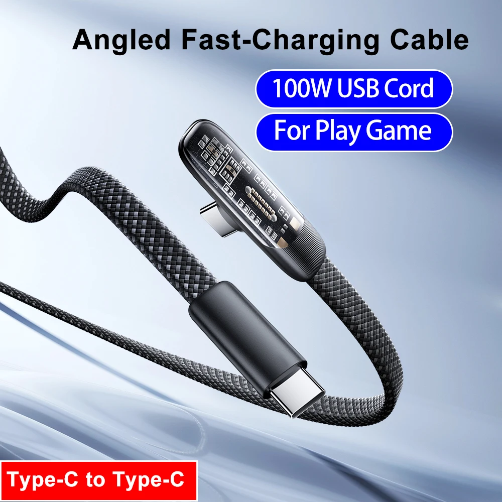 Cable de Carga Rápida Tipo C a Tipo C de 100W 6A con Conector en Ángulo para Samsung S24, Huawei, Xiaomi P40, Teléfono Android, USB C, MacBook Pro, iPad Pro