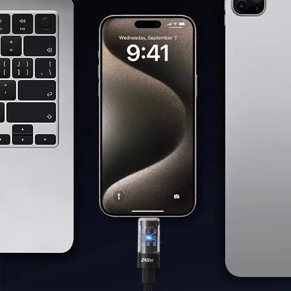 Cable de nailon de 240W, Cable de carga súper rápido USB tipo C para Samsung, Xiaomi, Huawei, Honor, pantalla Digital LED, Cable de datos de cargador rápido