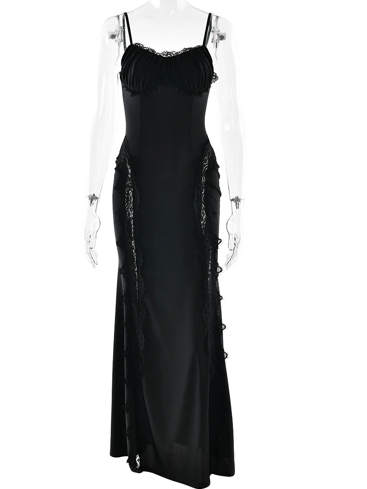 JULISSA MO Patchwork Sexy transparente encaje mujeres Maxi vestido Spaghetti Strap vestido de cintura alta invierno ajustado elegante vestido de noche de fiesta