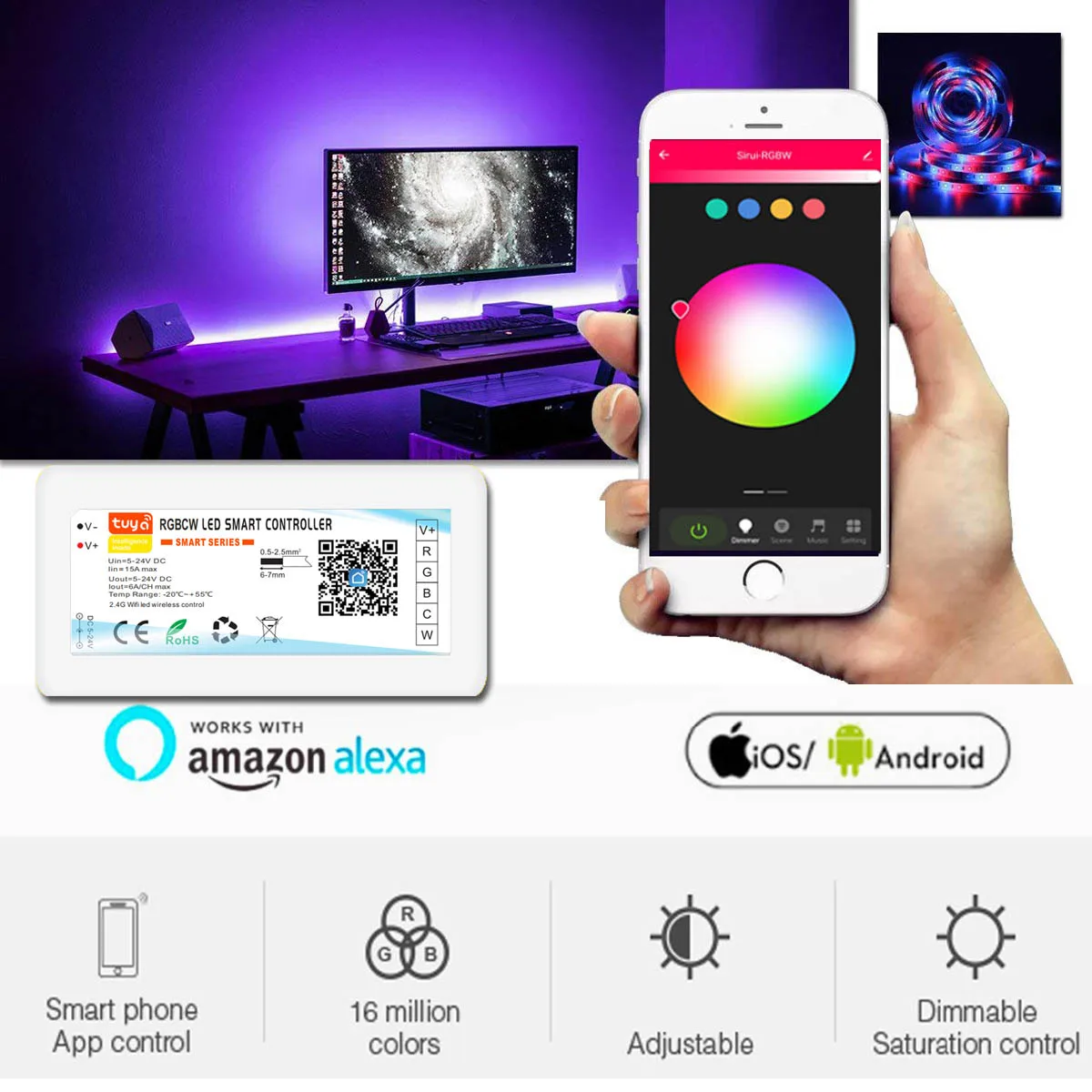 Controlador LED Tuya Wifi atenuador inteligente DC5V-24V tira de luz LED CCT/RGB/RGBW para Alexa Google Home aplicación remota Control