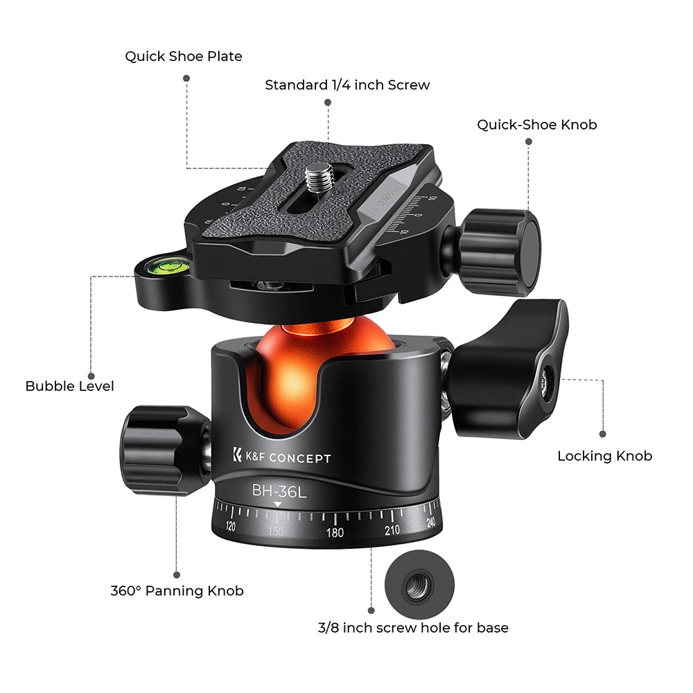 Adaptadores de cabezal esférico para trípodes K&F CONCEPT, cabezal esférico de 360 grados con liberación rápida de 1/4 de pulgada para trípodes DSLR, monopods y videocámaras.