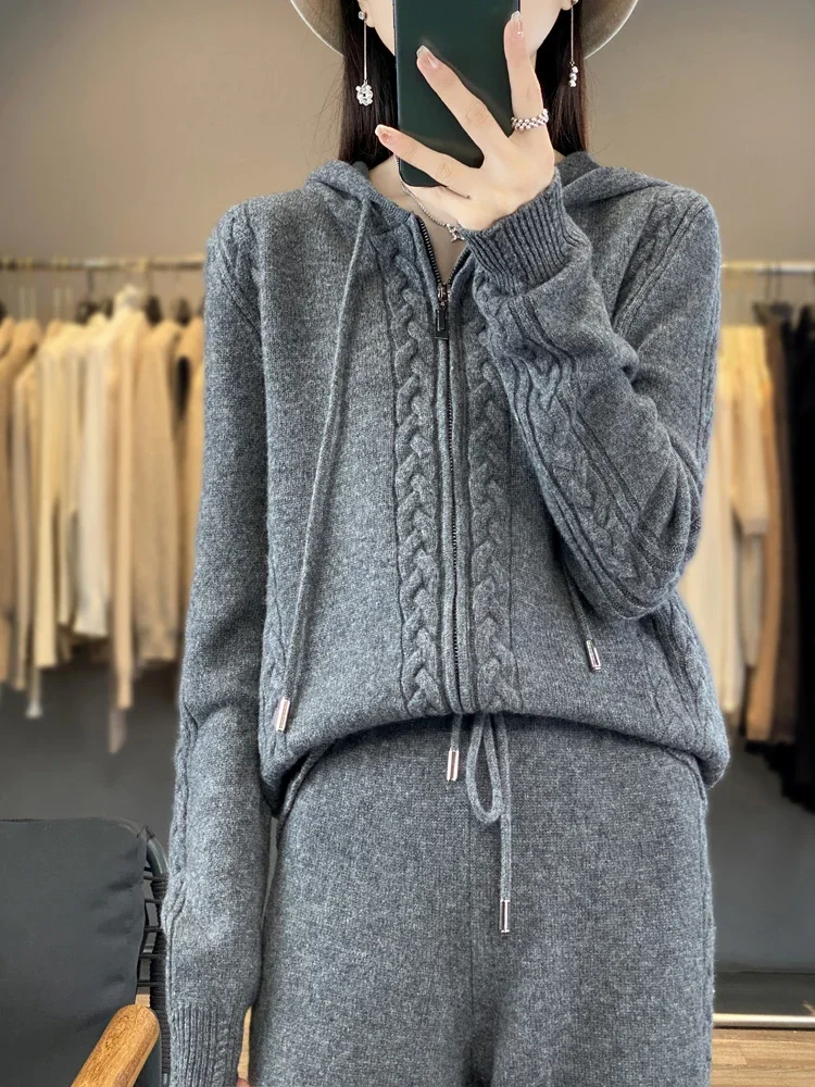 Conjunto de 2 piezas de cárdigan con capucha de cachemira pura para mujer, con diseño de flores trenzadas, suéter holgado y pantalones de pierna ancha, mezcla de lana