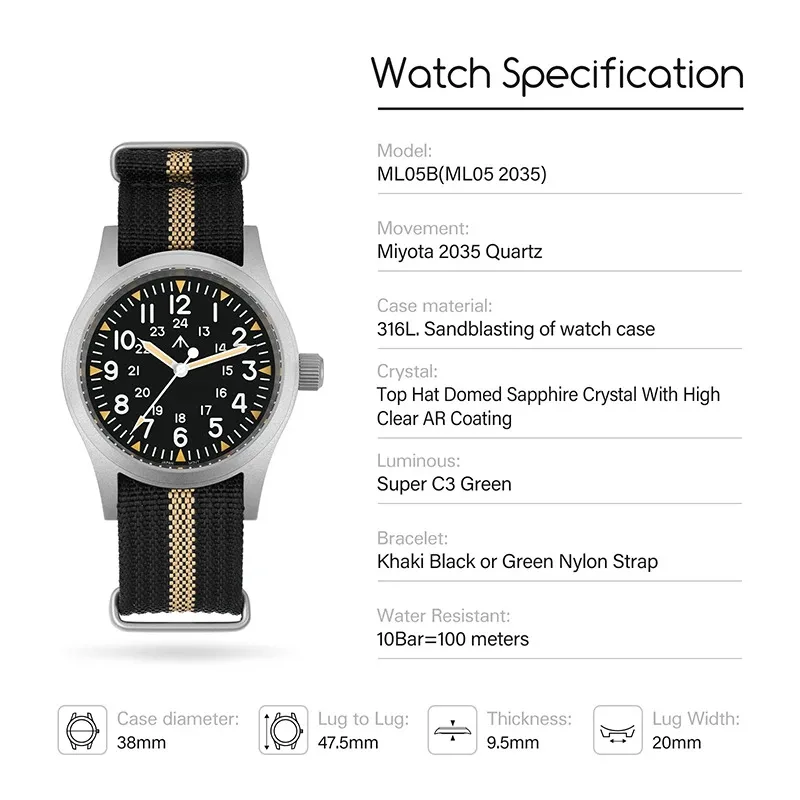Militado ML05 38mm reloj militar Miyota 2035 movimiento cúpula cristal de zafiro C3 verde luminoso 10Bar relojes Vintage impermeables