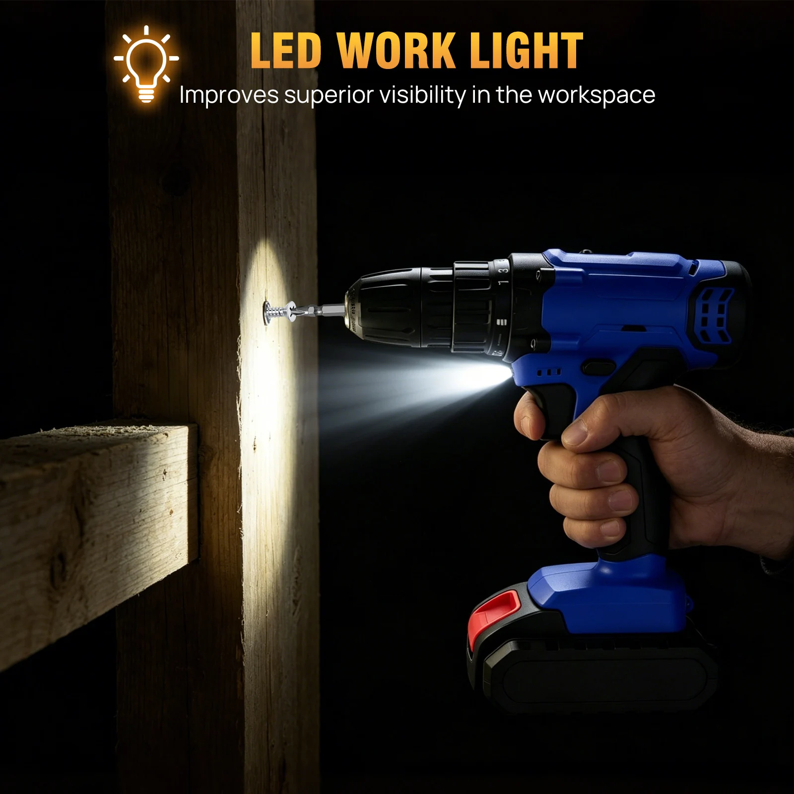 Taladro Inalámbrico de 21V, Kit de herramientas de destornillador eléctrico con ajuste de torsión 25 + 1, 2 velocidades variables, 29 accesorios de piezas, luz LED de trabajo