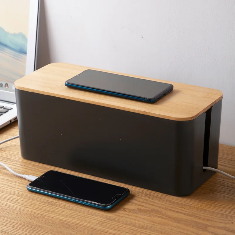 Caja de almacenamiento de enchufe a prueba de polvo de alta calidad, cubierta de imitación de teca, administrador de cables, enchufe de ordenador, caja de almacenamiento 1PC
