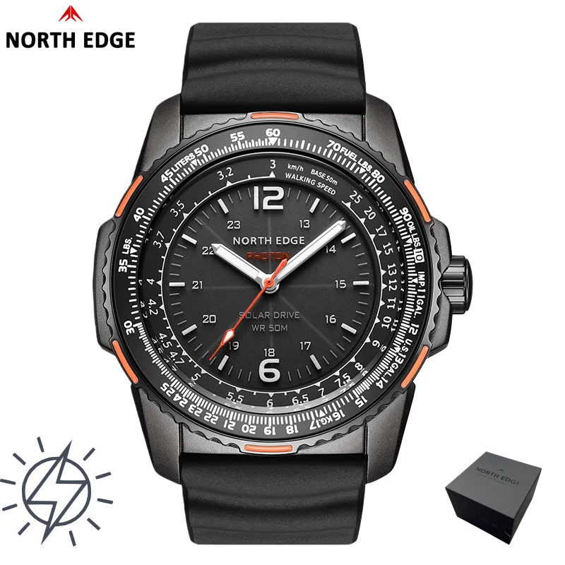 Reloj con caja de regalo NORTH EDGE para hombre, Reloj de cuarzo de moda PHOTON con energía Solar, resistente al agua hasta 50M, correa deportiva de silicona, Reloj para hombre