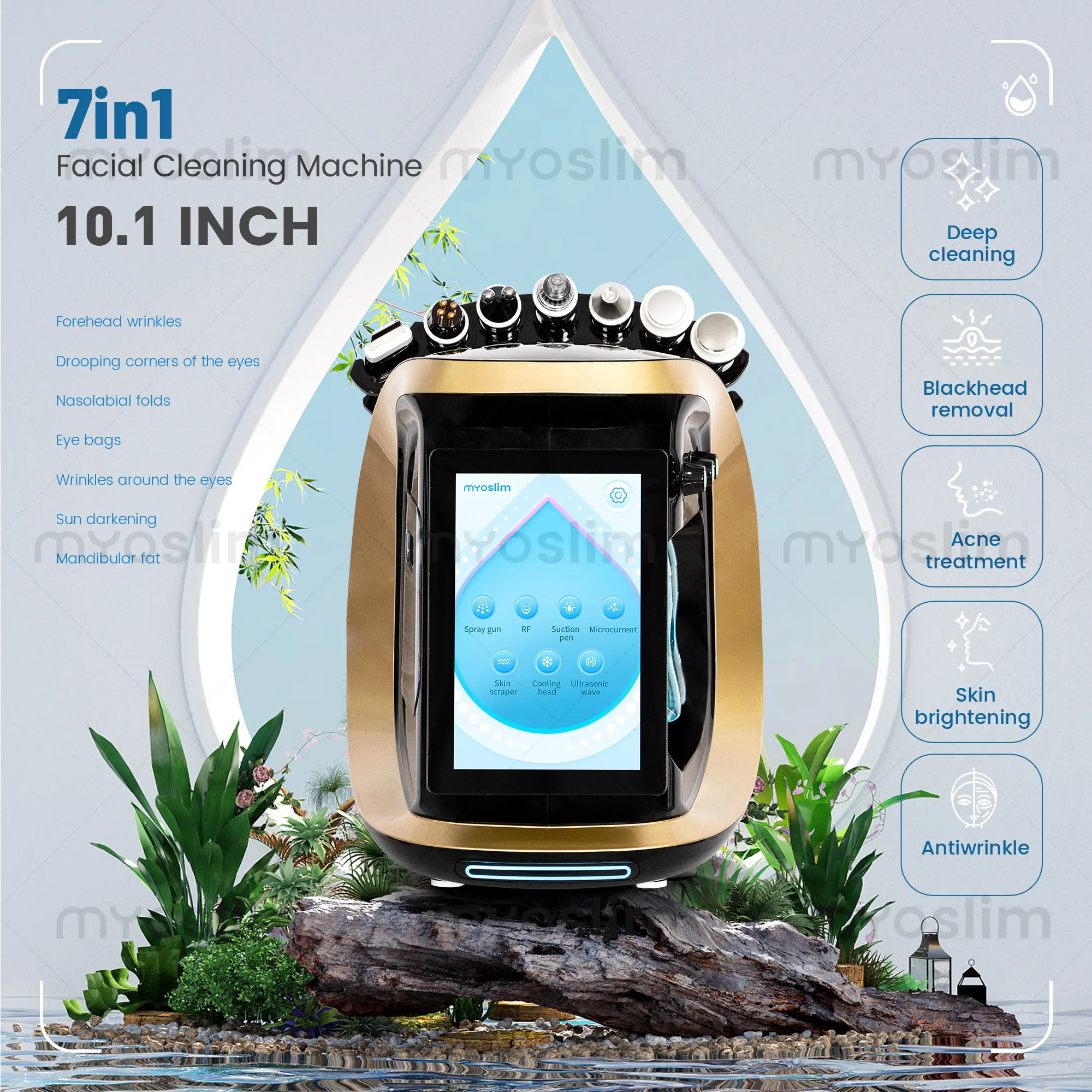 Máquina de Belleza Hidrafacial Multifuncional 7 en 1 con Pantalla Táctil, Pistola de Pulverización, RF, Succión, Microcorriente, Exfoliante de Piel y Enfriamiento