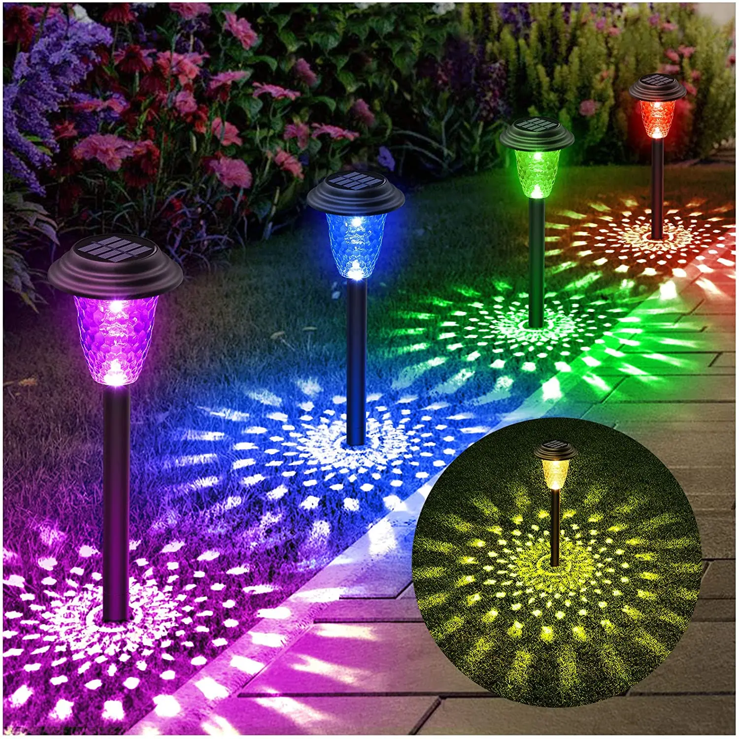 Luces solares para caminos, lámpara Solar para exteriores, cambio de Color RGB/blanco cálido IP67, luces solares LED impermeables para camino de jardín